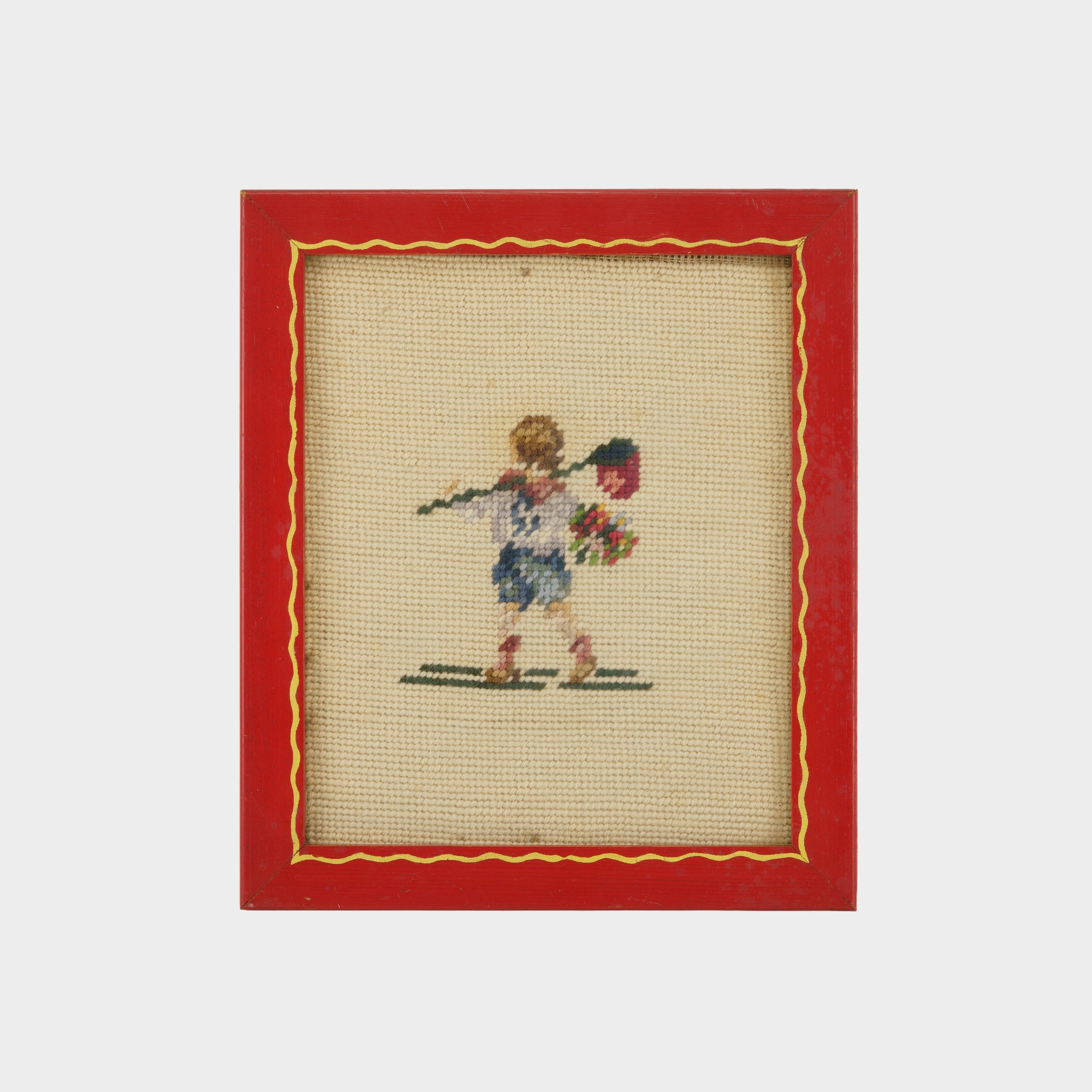 Vintage Needlepoint of Boy with Bouquet and Bindle (or Butterfly Catch