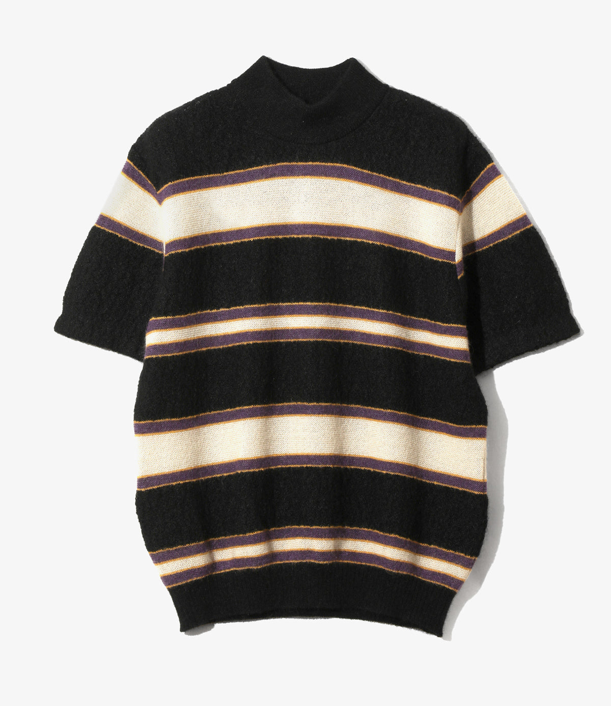 Women's S/S Mock Neck Sweater - Black - Crepe Weave Stripe